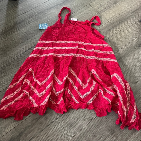 New Free People Red Pink Polka Dots Voile & Lace Boho Trapeze Mini Slip Dress XS - Picture 9 of 9